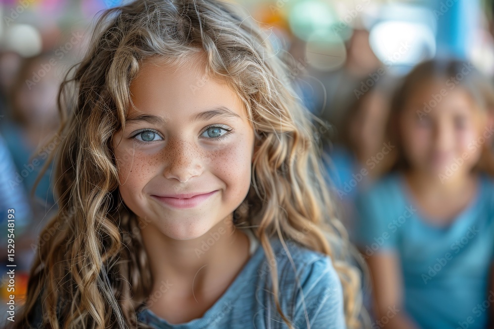 Fototapeta premium A cheerful girl with curly hair smiles brightly, capturing the essence of childhood joy and curiosity while seated in a classroom filled with lively energy and camaraderie among peers.