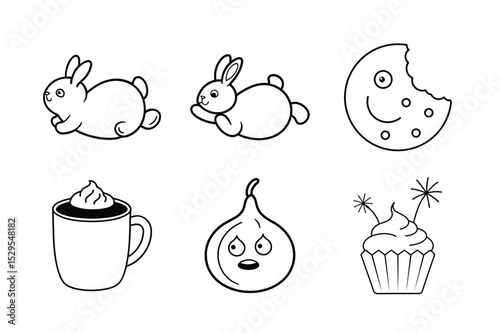 Cute Hand-Drawn Bunny and Food Icons – Whimsical Vector Set