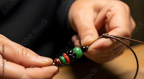 Close up of hands stringing colorful beads onto a brown cord against a blurred background featuring a craft project and meticulous work.