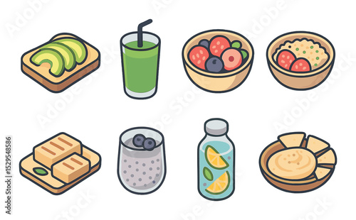 Healthy Menu Concept isometric set. Avocado toast, green smoothie, fruit bowl, quinoa salad, grilled tofu, chia pudding, detox water, hummus platter