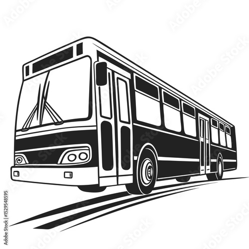 black and white bus travels along the road towards the viewer