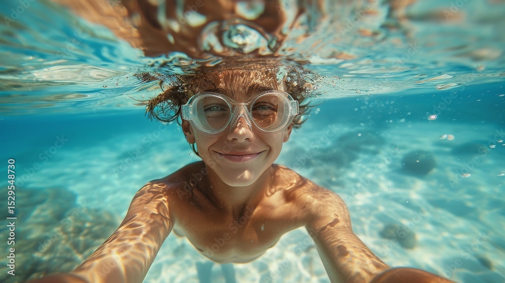 Fototapeta premium A cheerful boy is captured swimming underwater, showcasing his joy with a big smile while wearing goggles, embracing the fun and playfulness of the moment with clarity.