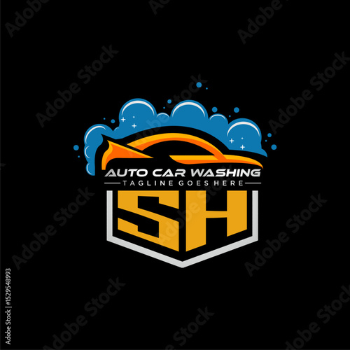 SH initial monogram for carwash with car clean image design vector