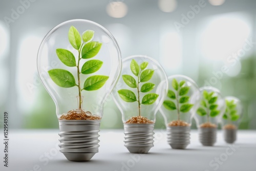 Return on investment in joint ventures concept. Green plants growing inside light bulbs, symbolizing eco-friendly energy and sustainable growth.