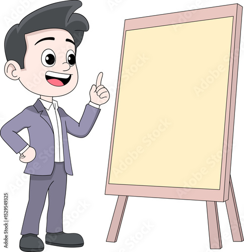 Cartoon Businessman Standing in Front of Blank Presentation Board