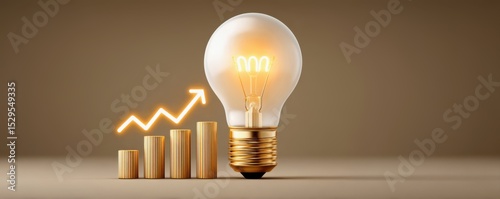 Return on investment in joint ventures concept. A glowing light bulb next to ascending gold bars and an upward arrow symbolizes growth, innovation, and increasing success.