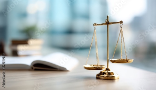 A gold balance scale sits on a wooden desk with an open book and blurred background, symbolizing justice and legal concepts.