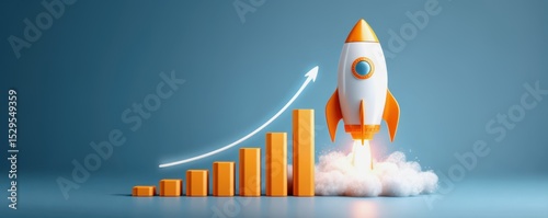 Return on investment in joint ventures concept. A rocket launches beside a rising bar graph symbolizing business growth and success with a blue background.