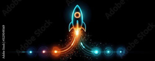A glowing neon rocket launches into the dark, leaving vibrant trails of orange and blue light, symbolizing innovation and progress in a futuristic style.
