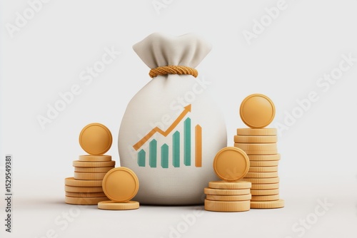Return on investment in joint ventures concept. A money bag with an upward trending graph surrounded by stacks of gold coins symbolizing financial growth and investment success.