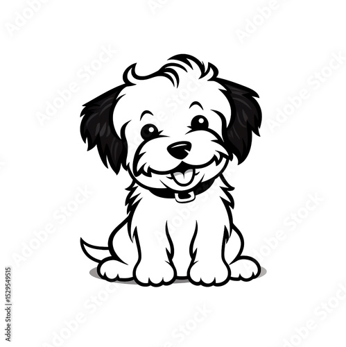 Cute cartoon puppy drawing, black and white, white background.