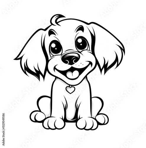 Cute cartoon puppy drawing, black and white, white background.