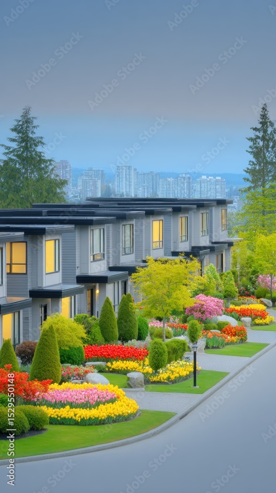 Fototapeta premium Modern Townhouses with Vibrant Spring Gardens at Twilight