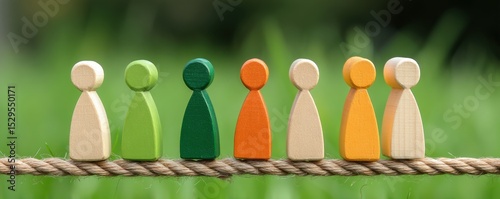 Seven colorful wooden human figurines balance on a rope against a blurred green natural background.