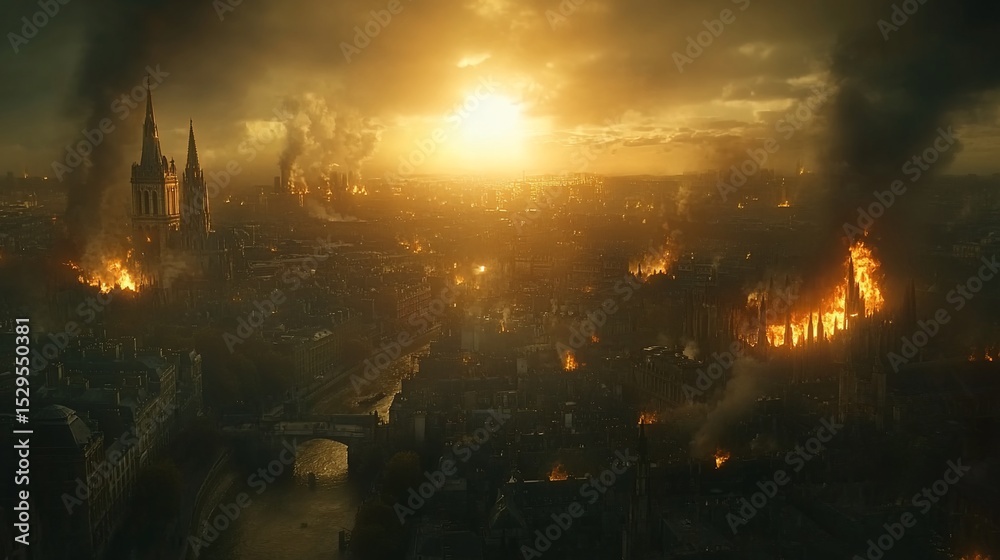 Obraz premium Sunset over a city engulfed in flames, smoke billowing from burning buildings