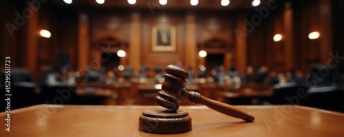 A wooden gavel rests on a desk in a courtroom, with blurred judges and legal professionals in the background.