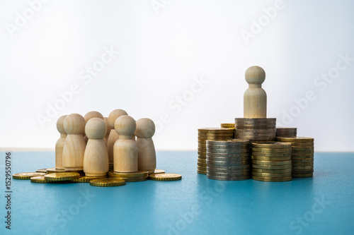 Wooden figures, on piles of coins, concept of wealth distribution. Few people hold most of the wealth.