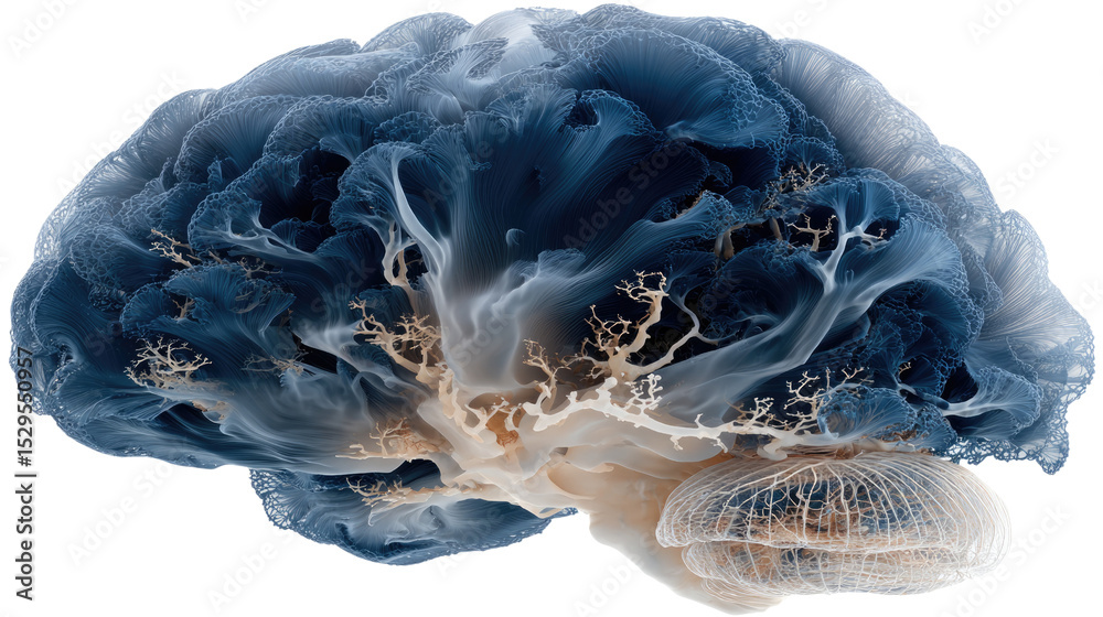 Obraz premium Human Brain Anatomy: Detailed close-up view of a human brain, showcasing its intricate network of vessels and complex folds. This high-resolution image is perfect for medical, scientific.