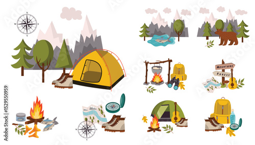 Set of camping theme compositions in cartoon flat style with fireplace, tent, boots, compass, mountains.