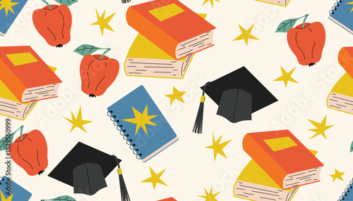 Seamless pattern in back to school theme with cartoon flat style books, student hat, red apple, notebook and tiny stars.