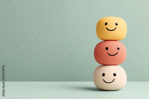 Three rounded stones stacked with happy smiley faces against a simple light green background.