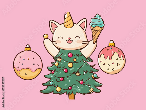 Cute Unicorn Cat Dressed as Christmas Tree with Ice Cream