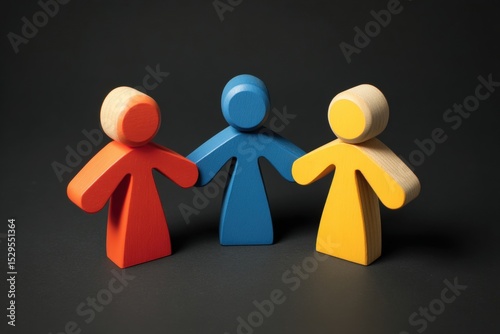 Three wooden figurines in red, blue, and yellow stand side by side on a black background, symbolizing unity and diversity.