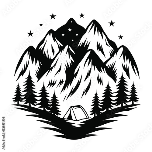 In a serene scene, mountain peaks rise above tent and trees, watched over by distant stars