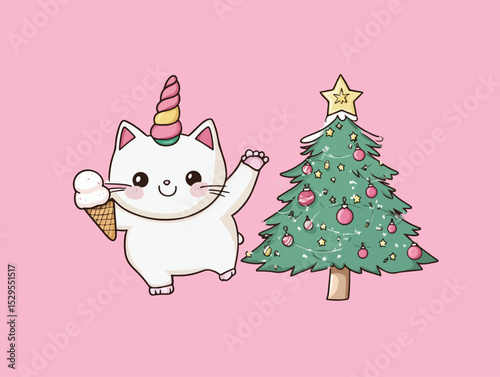 Cute Unicorn Cat with Ice Cream and Christmas Tree