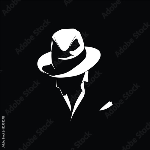 vector silhouette of stylish man in hat isolated on black background