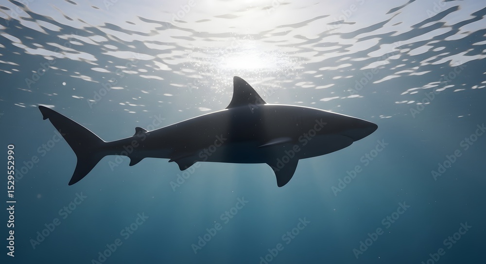 Naklejka premium Shark swimming beneath reflective ocean surface