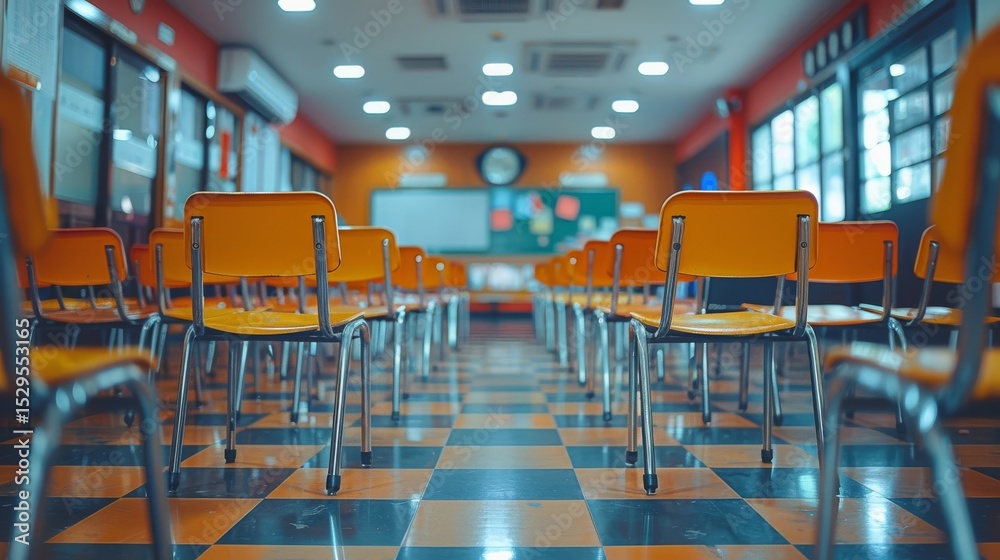 Fototapeta premium An empty classroom featuring modern orange chairs and a checkered floor, symbolizing a fresh start for students, ready to inspire creativity and knowledge in the learning process.