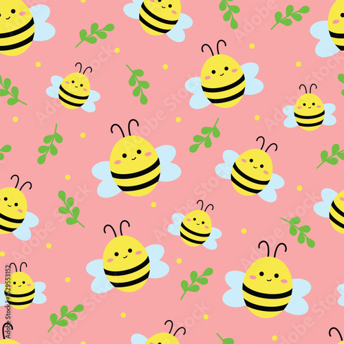 Vector seamless kids cartoon pattern with cartoon yellow bees in black stripes