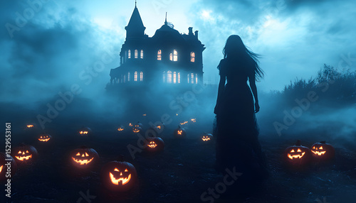 A girl stands in front of a creepy house with a large moon in the background photo