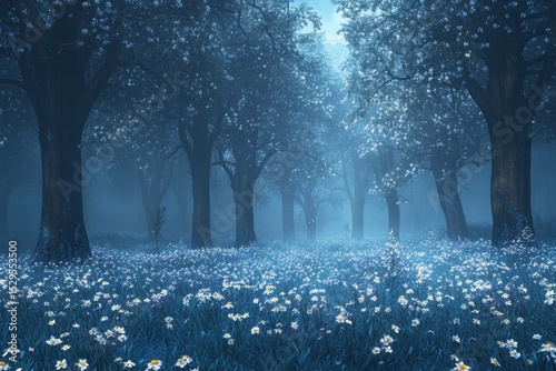 Early spring morning reveals a mystical forest enveloped in fog, where vibrant wildflowers bloom beneath towering trees, creating an enchanting atmosphere