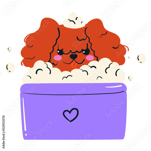 Puppy in bath. Pet grooming salon. Doodle style isolated vector illustration.