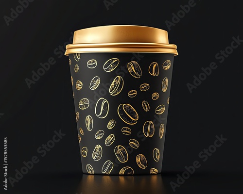 Elegant coffee cup with gold accents and pattern.