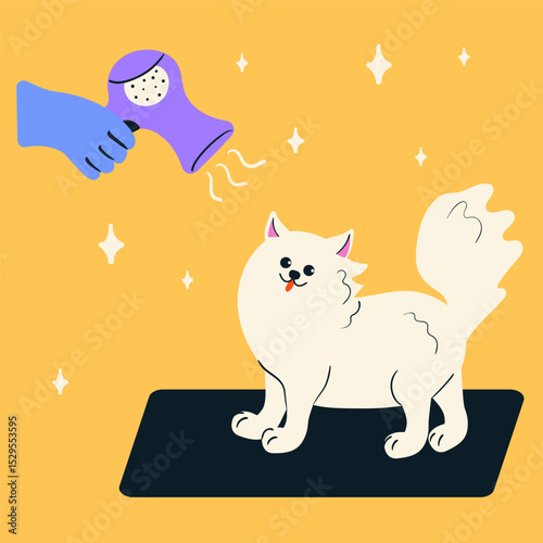Pet grooming salon. Hand dries puppys hair. Pet grooming salon. Professional groomer. Doodle style isolated vector illustration.