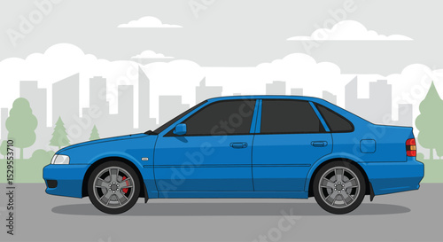 A blue sedan car is parked in front of a city skyline with clouds in the sky in a digital illustration