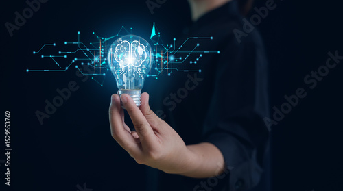 Hand of  holding illuminated light bulb, Idea innovation and inspiration concept.  creativity with bulbs that shine glitter, Concept for success.