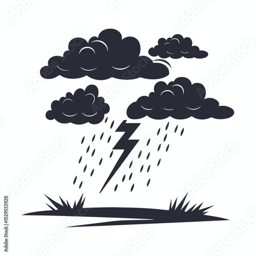 Dark storm clouds with rain and lightning strike above the ground is illustrated