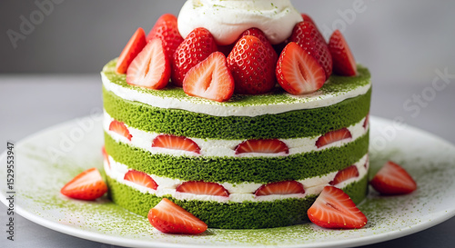 stunning matcha green tea shortcake with vibrant layers of cake, fresh strawberries, and whipped cream, beautifully presented