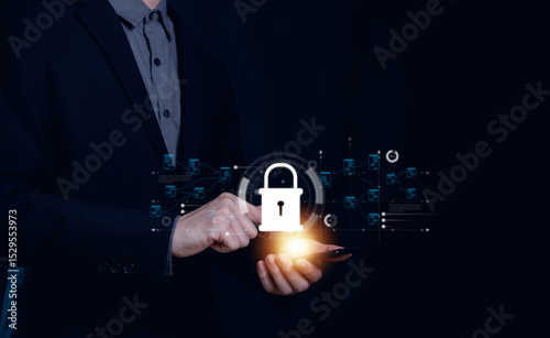Cybersecurity and privacy concepts to protect data. Lock icon and internet network security technology.