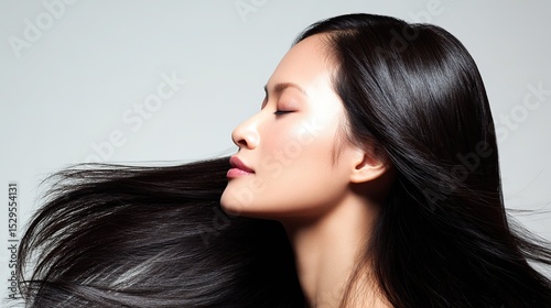 Woman with long smooth hair fluttering in wind, light-colored shampoo ad background, shiny hair texture, closed eyes highlighting features, embodying beauty health confidence luxury.
