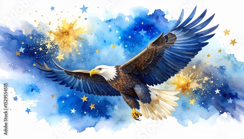 Watercolor Eagle with Stars Concept. Majestic eagle soaring through a starry blue sky.
