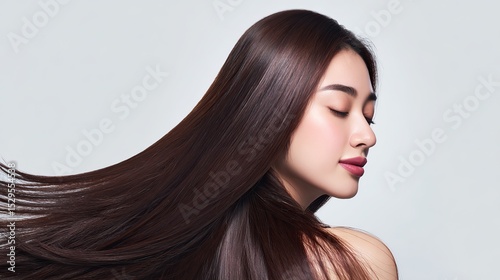 Woman with long smooth hair fluttering in wind, light-colored shampoo ad background, shiny hair texture, closed eyes highlighting features, embodying beauty health confidence luxury.