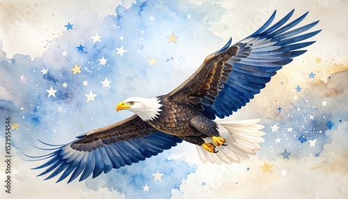 Watercolor Eagle with Stars Concept. Majestic eagle soaring through a starry sky watercolor illustration.