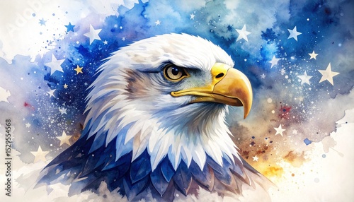 Watercolor Eagle with Stars Concept. Majestic eagle with vibrant watercolor background and stars.