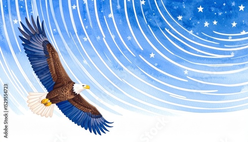 Watercolor Eagle with Stars Concept. Majestic eagle soaring through a cosmic wave of stars.
