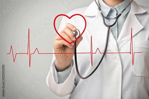 Doctor with Stethoscope Drawing Heartbeat Line for Cardiovascular Health Concept